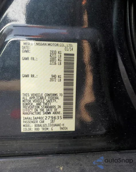 2014 Nissan Altima 2.5 from USA, damaged, VIN 1N4AL3AP4EC279635